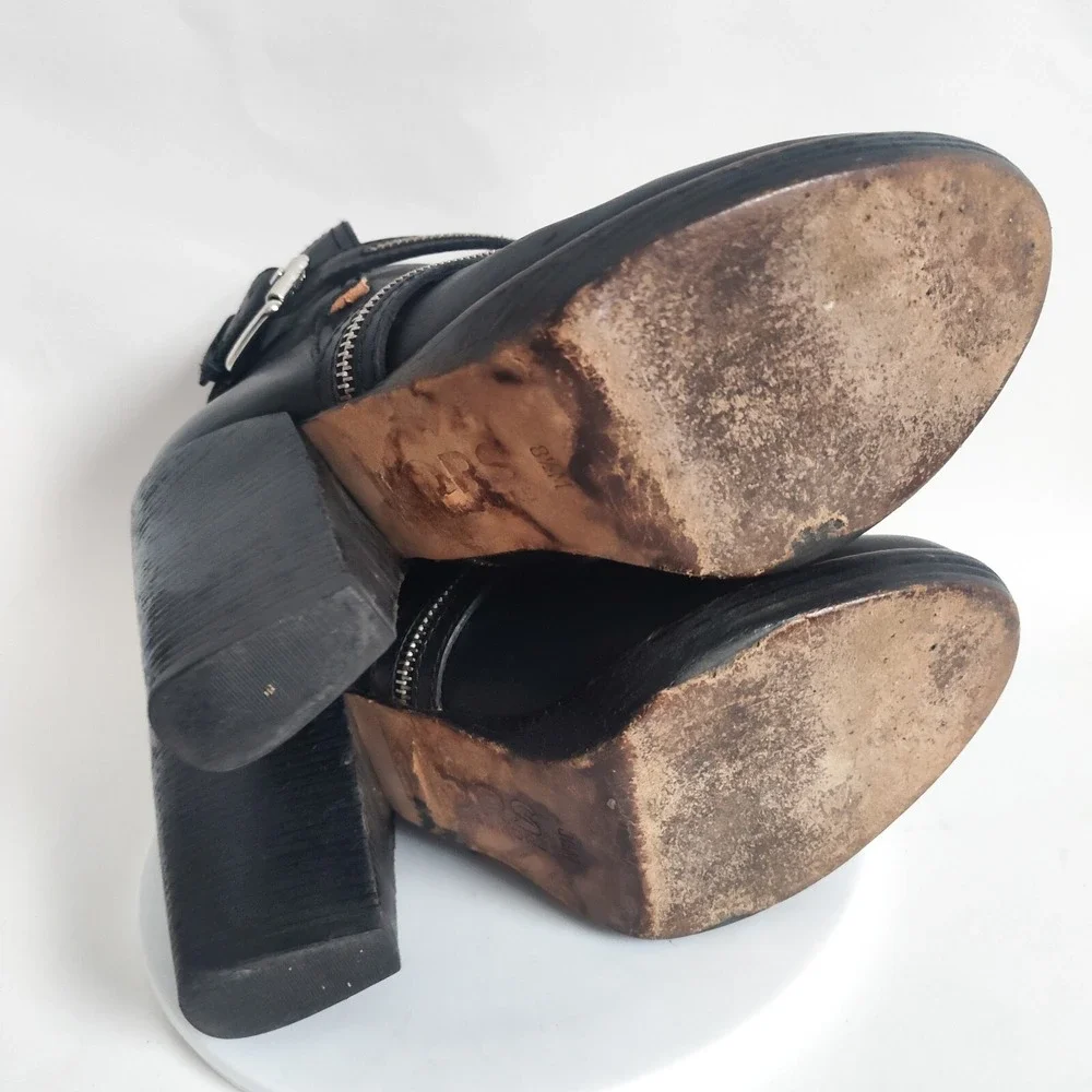 Michael Kors Ankle Boots 8.5 Biker Leather Zipper Strap Rachel Bilson Block Heel